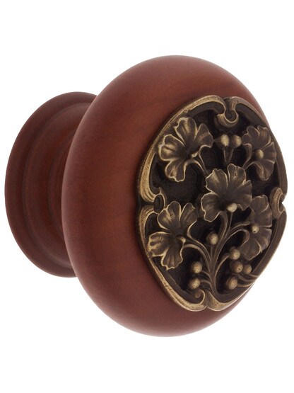 1 1/2 inch Diameter Ginkgo Knobs in Cherry/Antique Brass.